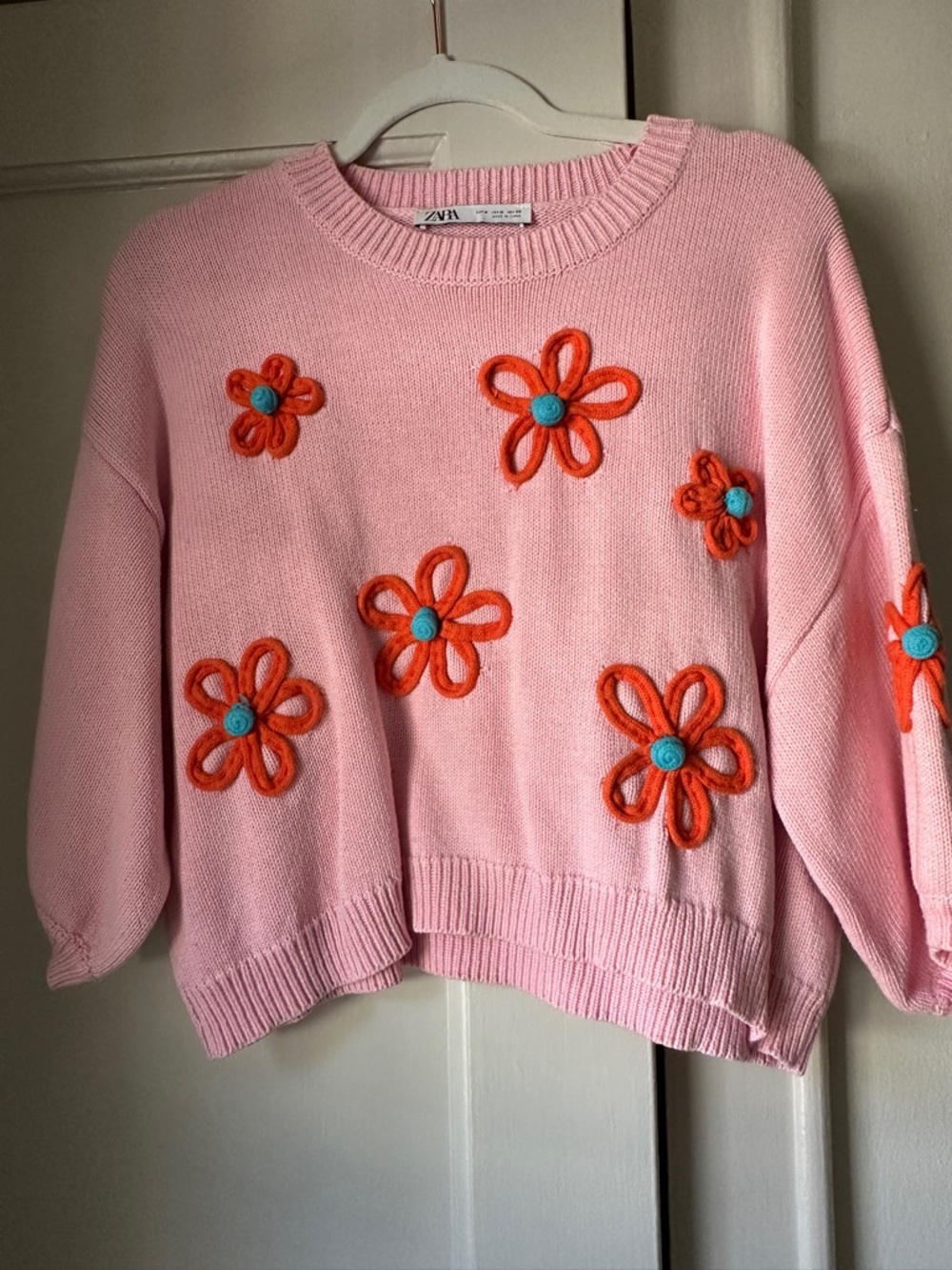 Zara Pink Crewneck Sweater with Orange & Turquoise Flowers